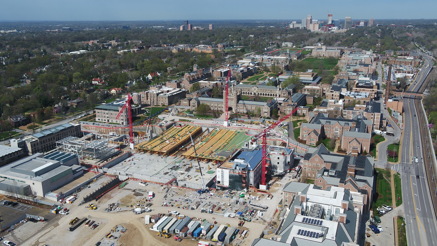Aerial view of  job site progress at Washington University in St. Louis, MO