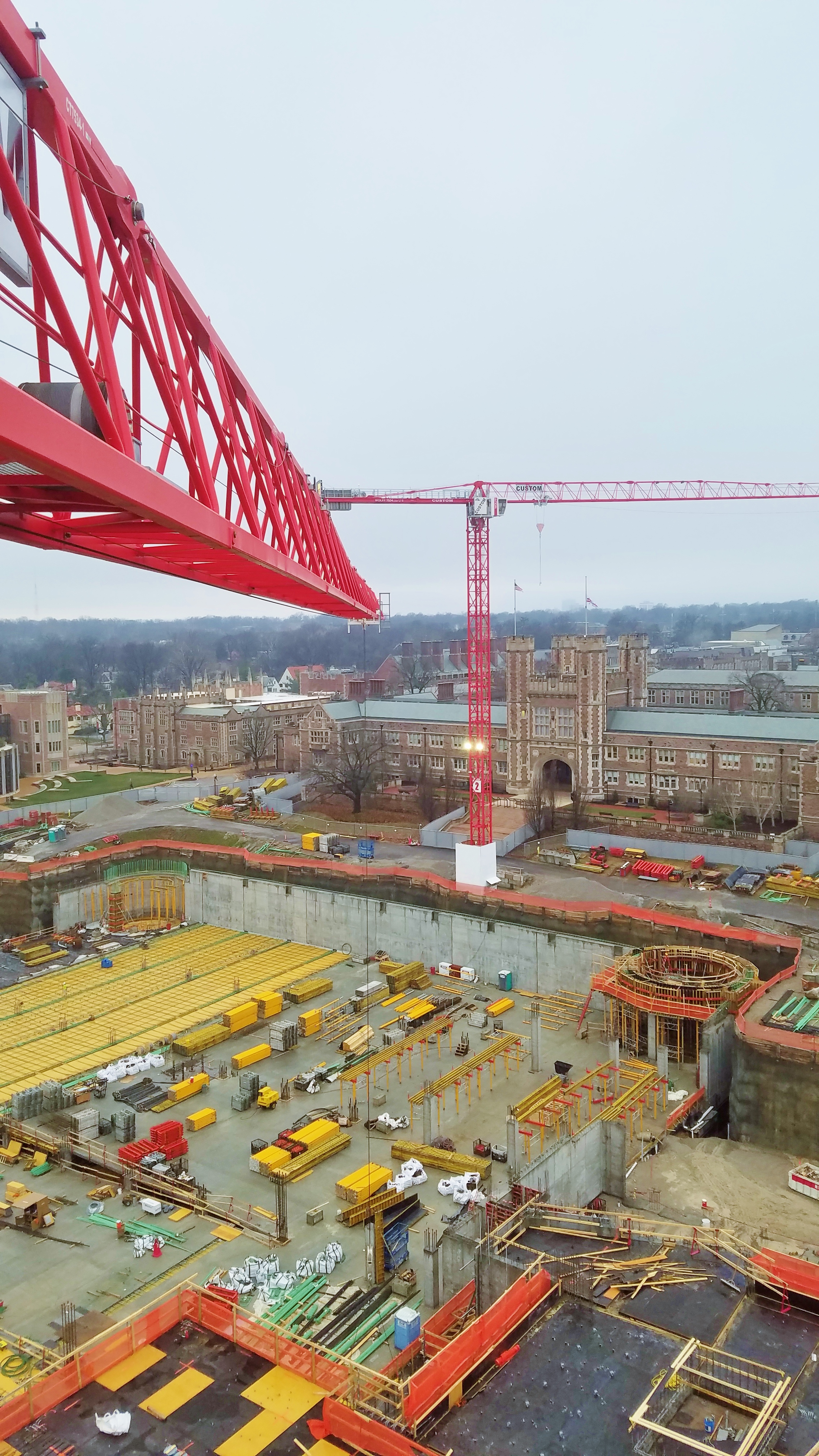 View from the top! Tower Crane 1 at the Wash U site shows deflection as it picks 10,000 lbs.